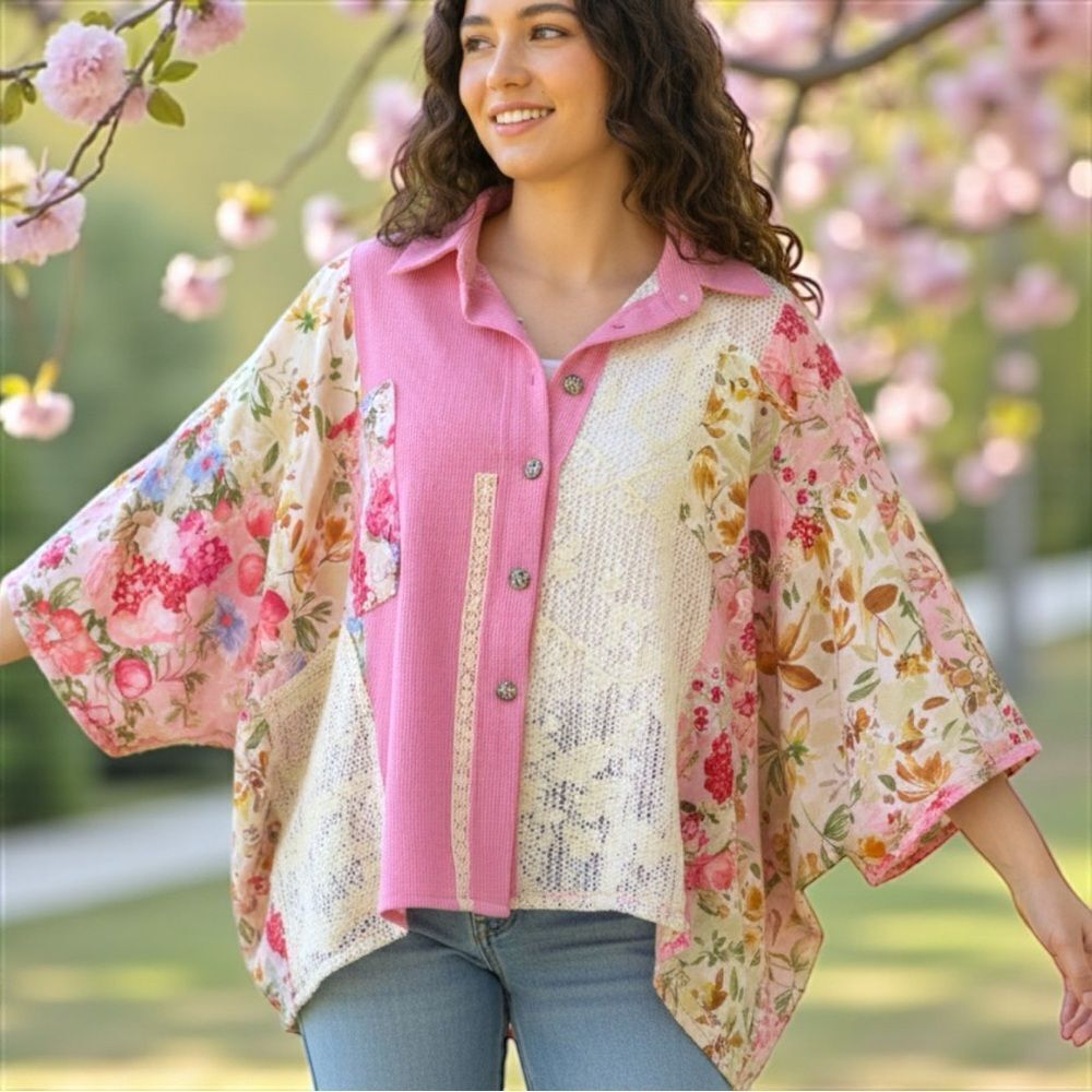 POL Pink Oversize Top Crochet Boho Lace Patchwork Contrast Size MEDIUM NEW - Picture 2 of 9